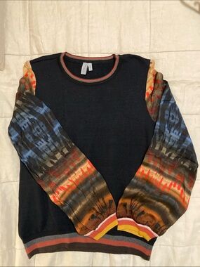 Woman dark navy Sweater with Multicolor Patterned Sleeves 100% Rayon